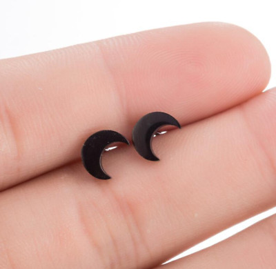 Unisex Titanium Tiny Punk Crescent Moon Black/Gold/Silver Stud Earrings