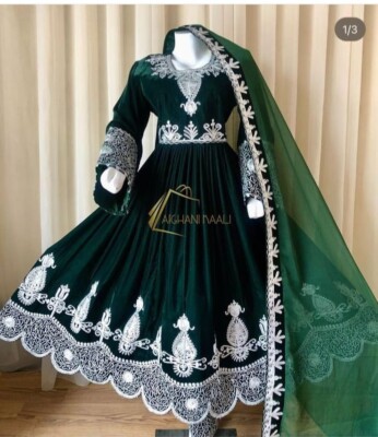 Stylish Afghani Green velvet Dress Traditional Dress with Stylish