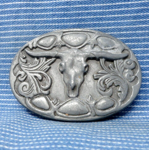 Longhorn Totenkopf Gürtelschnalle Western Scroll Cowboy Vaquero Vintage 80er .TWY758 - Bild 2 von 6