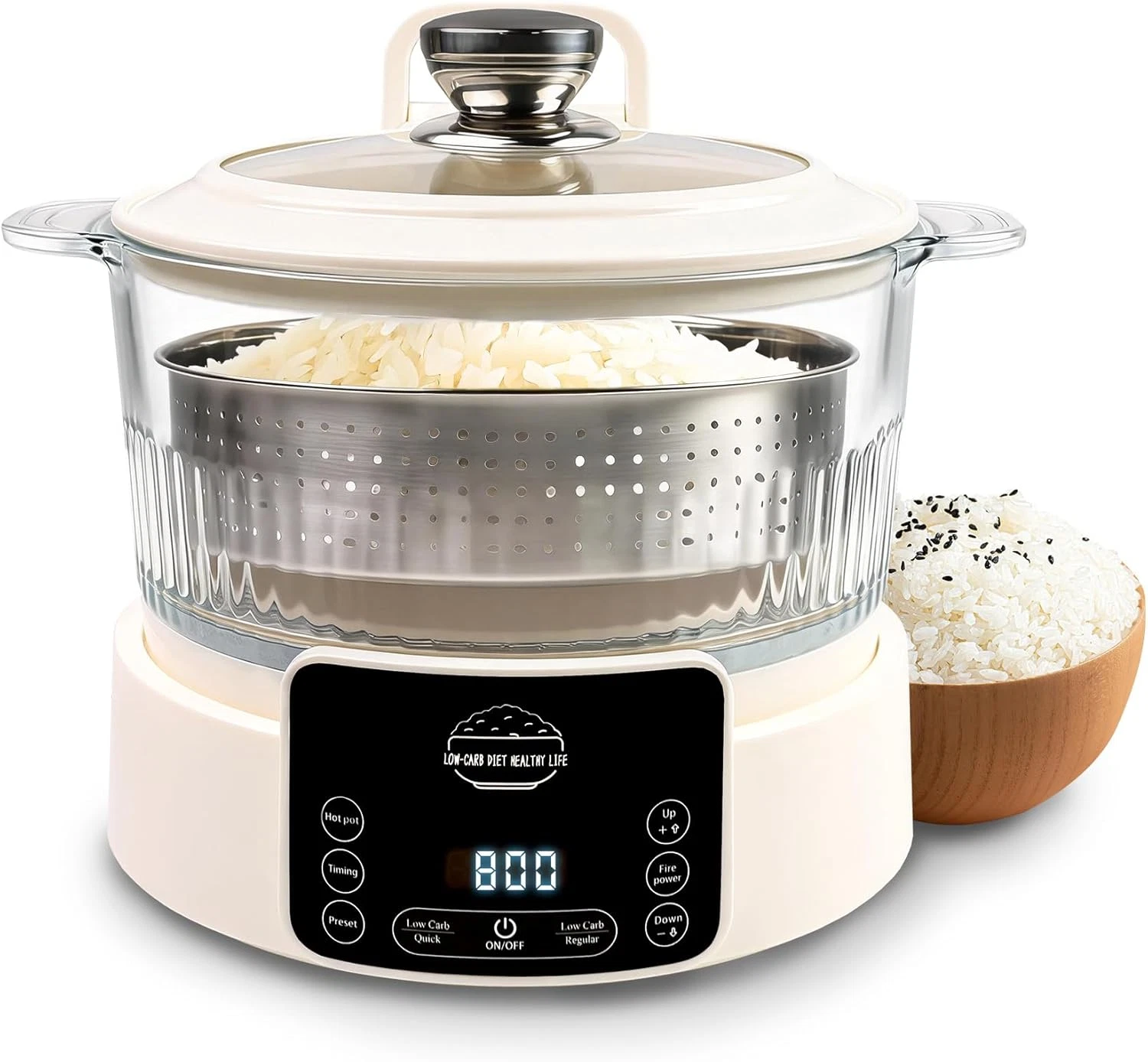 3L Low Carb Rice Cooker, 800W Low Sugar Rice Cooker with 4-Stage Lift Draining T
