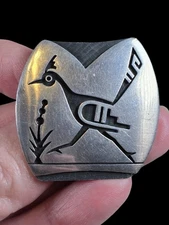 VINTAGE HOPI WEAVER SELINA OVERLAY ROADRUNNER STERLING SILVER PENDANT/BROOCH PIN