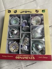 Christopher Radko Shiny Brite Box 8 Retro Christmas Ornaments Purple Pink Indent