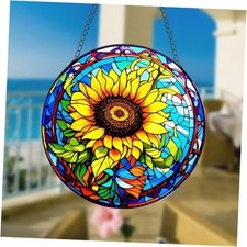 Sunflower Stained Glass Window Hanging, Round Yellow Floral Design for