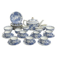 26pc Royal Crown Derby Blue Aves Birds Porcelain Tea Set for 7 circa 1945