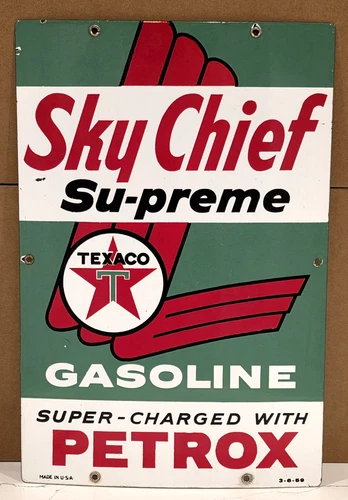 Vintage original 1959 TEXACO SKY CHIEF Su-preme GASOLINE porcelain gas pump SIGN