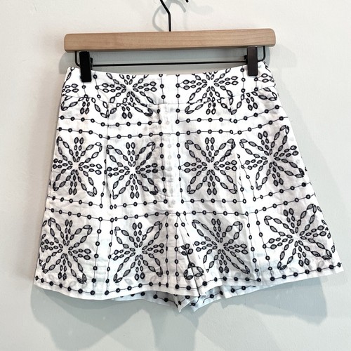 MILLY Damen 0 Emory schwarz Fliesen Ösen bestickt Baumwolle Shorts weiß