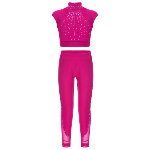 Kids Girls Tracksuits Workout Crop Top And Leggings Stage Outfits Sheer Mesh - Picture 46 of 85