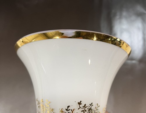 Antique 16” Signed Hand Painted Bristol Glass White Gold Trim Opalescent Vase - Picture 9 of 9