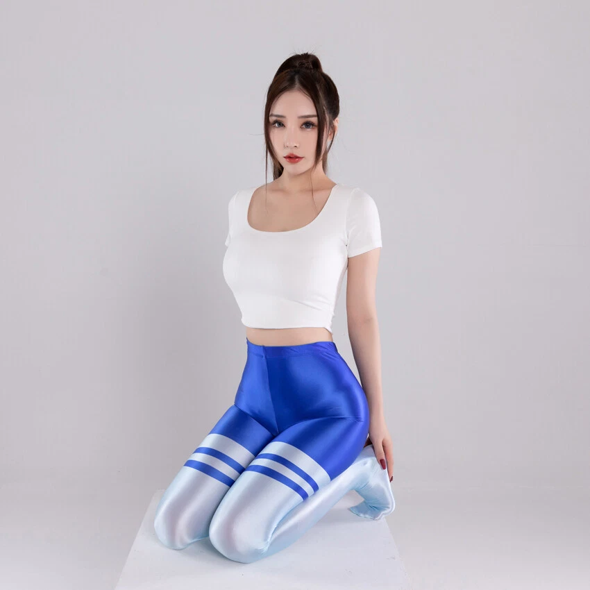 Women Satin Glossy Yoga Sexy Leggings Stripe Spandex Dance Yoga