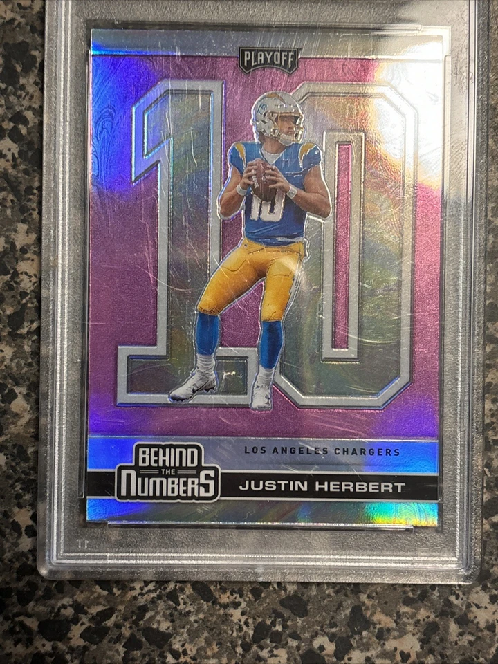 2020 PLAYOFF JUSTIN HERBERT BEHIND THE NUMBERS PINK PRIZM RC ROOKIE - PSA 10 - Image 3 of 4