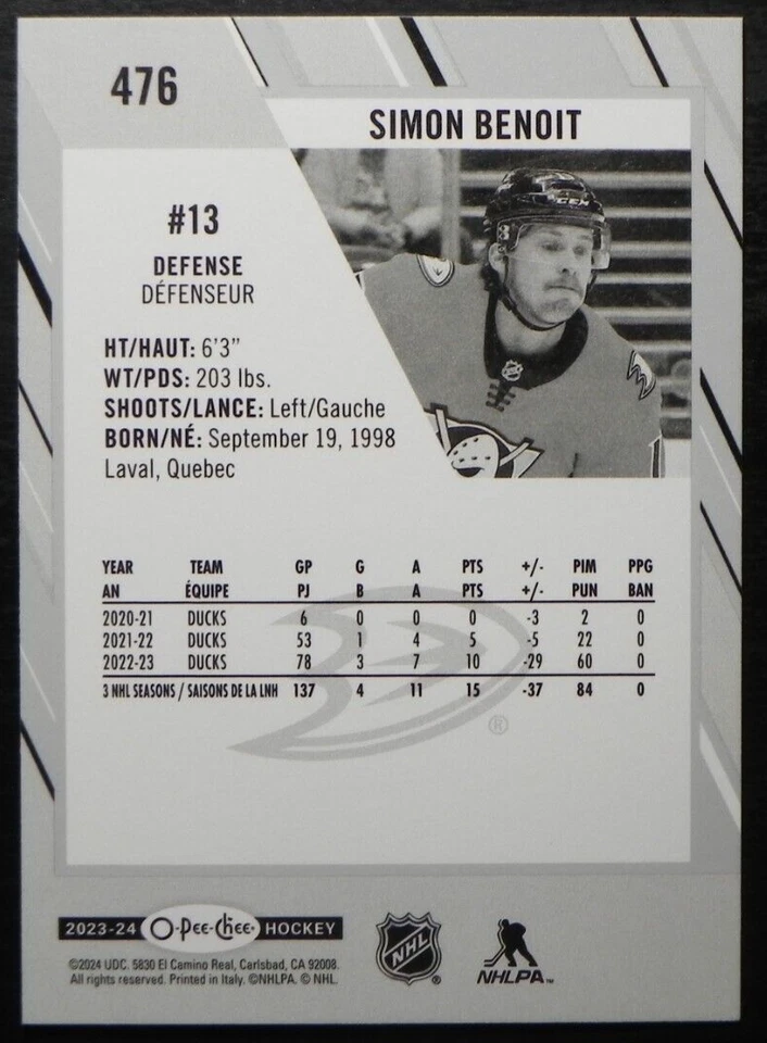 2023-24 23/24 O-Pee-Chee #476 Simon Benoit Anaheim Ducks - Image 2 of 2