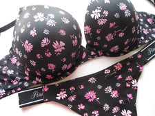 VICTORIA'S SECRET PINK Super Push-Up Bra and Thong Panty Set VS Floral Black NWT
