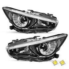 For 2014-2022 Infiniti Q50 LED DRL w/o AFS Black Headlights Assembly Lamps Pair