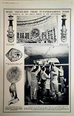 1924 Vintage Photo Illustration Treasures Tutankhamen's Tomb Shrine Sepulchral