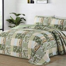 WONGS Queen Quilt Set Patchwork Plaid Floral Microfiber Coverlet All Season