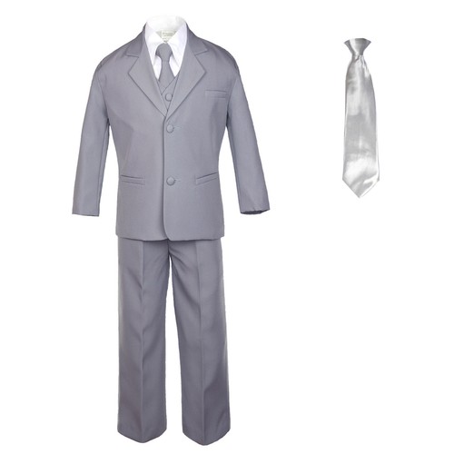 6pc Baby Toddler Boy Teen Formal Party Medium Gray Suit w/Satin Necktie M-20 - Picture 22 of 25