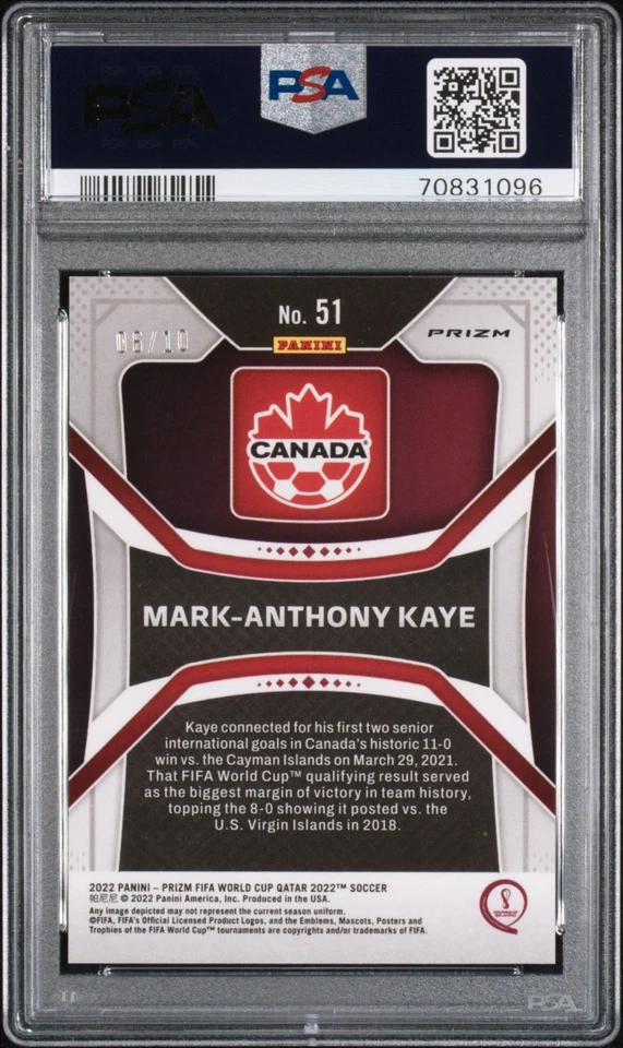 MARK-ANTHONY KAYE 2022 Panini Prizm World Cup Gold Prizm 06/10 PSA 9 Mint - Image 2 of 3