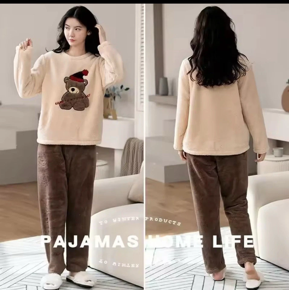 Damen Fraue Winter Fleece Kuschelig Flauschig Warm Weich Pyjama Schlafanzug Set - Bild 2 von 4