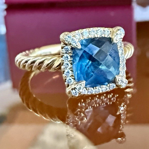 David Yurman Petite Chatelaine 7mm Blue Topaz Diamond 18K Gold Ring Size 7.5