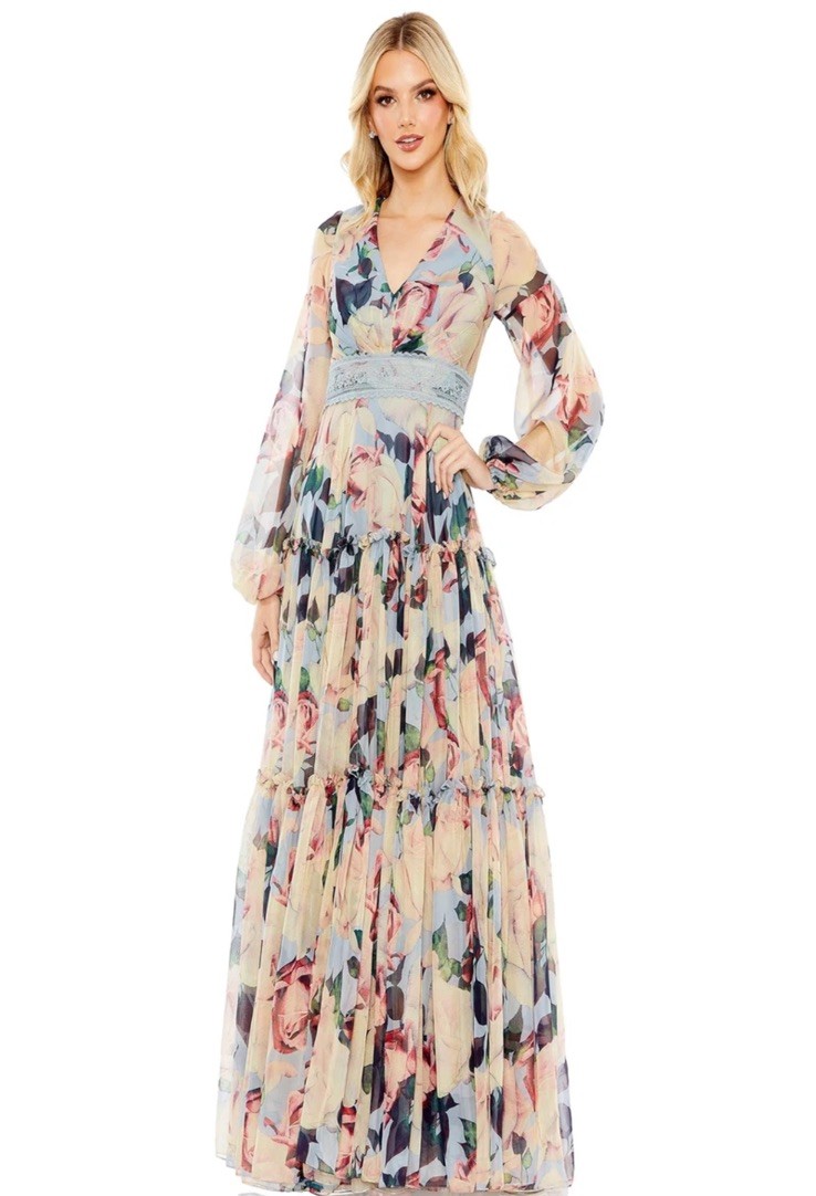 NWT MAC DUGGAL [ 18 ] 11401 Floral Puff Sleeve Dress w/ Embroidered Waist J1092