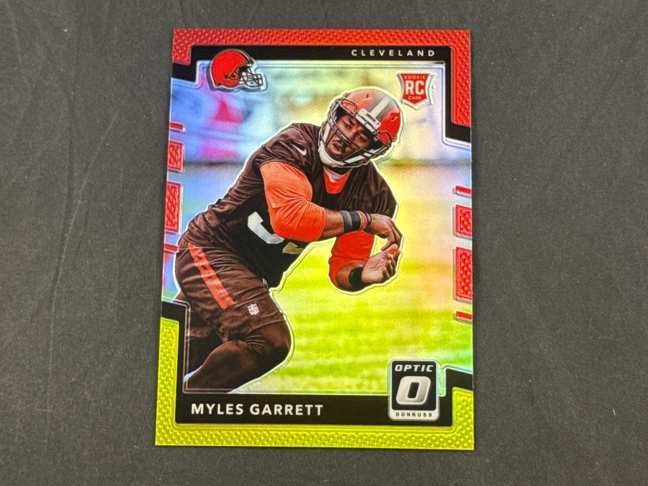 2017 PANINI DONRUSS OPTIC MYLES GARRETT #106 ROOKIE RED & YELLOW PRIZMS SP