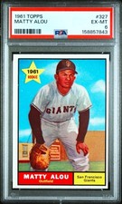 Matty Alou RC Card 1961 Topps #327 Giants Batting Champ Star Rookie PSA 6 MINT. rookie card picture