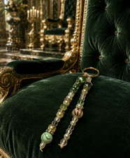 Green Gold White Clear Beaded Keychain Key Ring Double Strand Metal Beads
