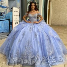 Blue Off Shoulder Quinceanera Dress with Bow Lace Appliques Princess Ball Gowns