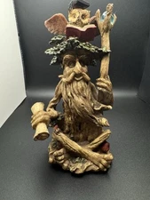 Tree Wizard Figurine with Owl Book and Crystal Staff Fantasy Resin Statue