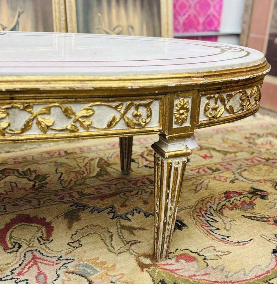 Antique Coffee Table French Louis XVI Gold Gilt Carved Wood Frame w /Marble Top - Image 4 of 4