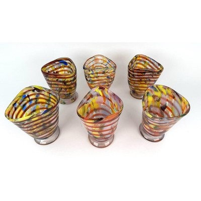 Hand Blown Art Glass Signed Pedestal Cups Dessert Multicolor Glassware- Set of 6