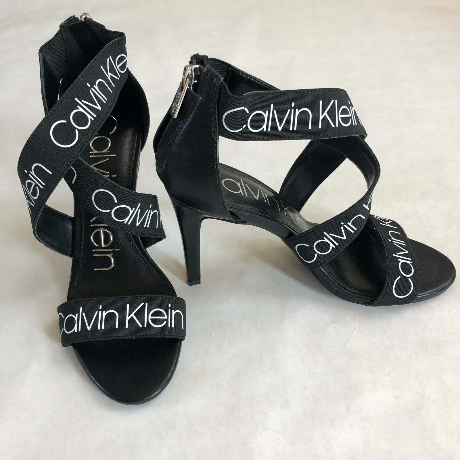 NWT Calvin Klein Salas Dress Sandal Logo Strap Pump Stiletto Black Spike |  eBay