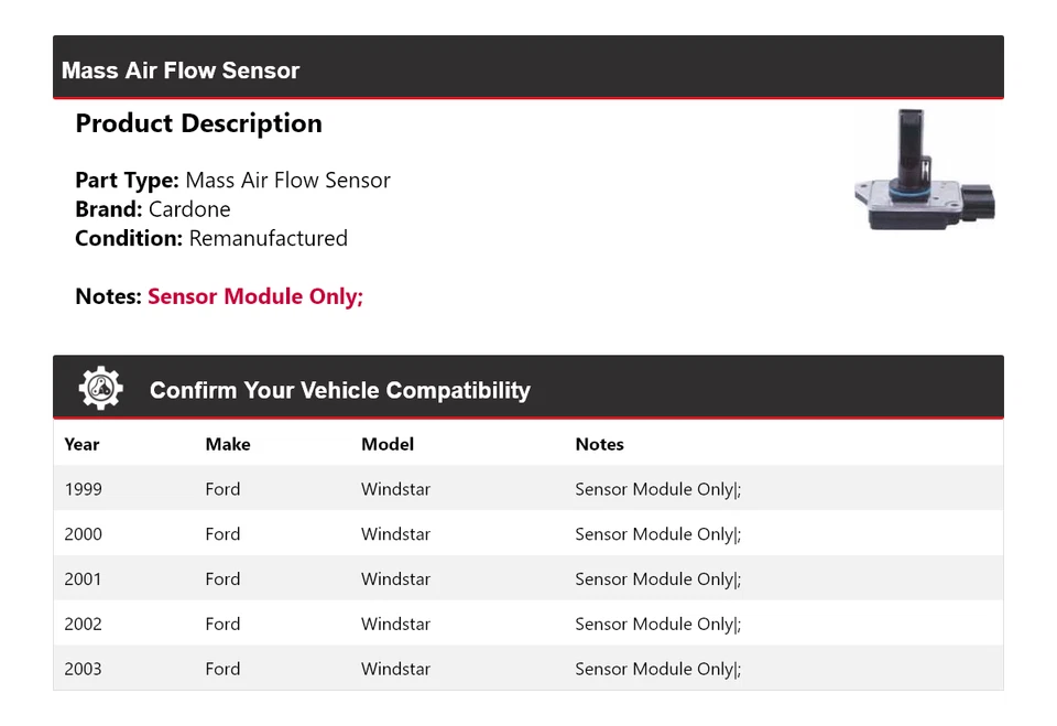 Sensor de flujo de aire de masa Cardone 2000 2001 2002 para Ford Windstar 1999-2003 Foto 2 de 4