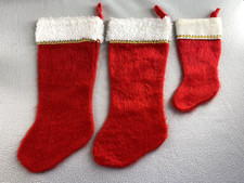 Lot of 3 Vintage Christmas Stocking Red Faux Fur White Cuff Gold Braid Trim