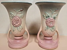 Hull Camellia Open Rose Pair 1940s Two Handled Bud Vases #130 5-1/8" U.S.A.