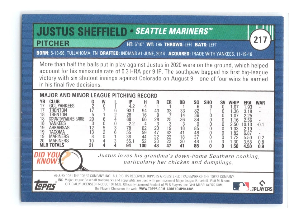 2021 Topps Big League - Veterans & Rookies #217 Justus Sheffield - Image 2 of 2