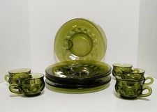 Vtg Indiana Glass King's Crown Thumbprint Snack Set of 5 Green Plate Cup 10.5"
