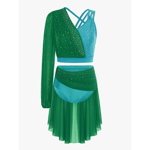 Women Lyrical Dance Costume One Shoulder Crop Top with Skirt Ballet Dance Outfit - Picture 67 of 77