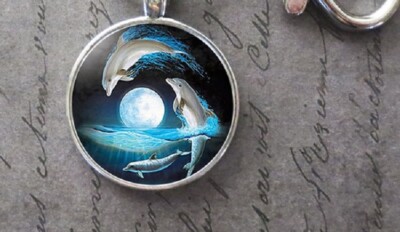 DOLPHINS OCEAN BLUE handmade Pendant Sterling 925 Silver 20'' Necklace women MOON