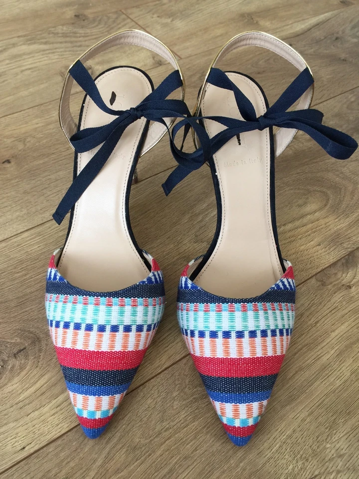 Zapatos de salón JCrew Elsie geométricos al tobillo talla 7 rojo blanco azul marino F1305 nuevos Foto 2 de 4