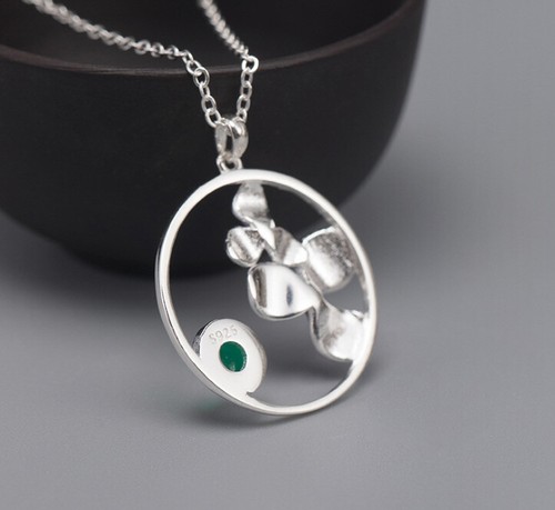 I04 Anhänger mit Kette Silber 925 Cloisonne zart-lila Blüte grüner Chalzedon - Bild 4 von 6