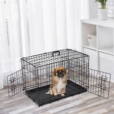 30" Folding Metal Dog Crate Cage Double Doors Dog Crates Durable Black Pet Crate
