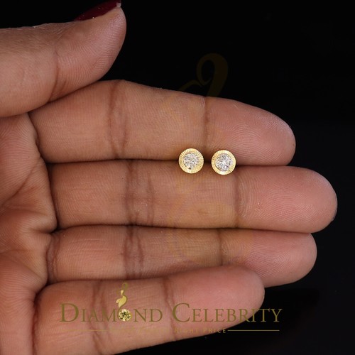 10K Real Yellow Gold with Real 0.05ct Diamonds Round Women's & Men's Earrings - Picture 3 of 12