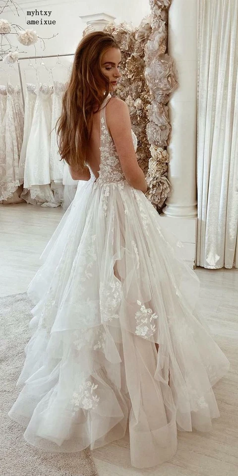 Vestidos de novia boho cuello en V espalda sin volantes apliques de encaje playa vestidos de novia Foto 3 de 4