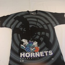 VTG 90s NBA CHARLOTTE HORNETS DOUBLE SIDE SHADOW AOP T-SHIRT SALEM SPORTSWEAR XL