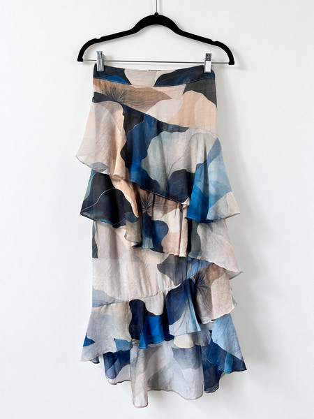 Adorne Womens Size 8 Blue Beige Abstract Print Tiered Ruffle Maxi Skirt Lined