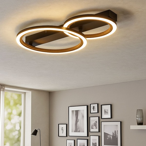 Wohnzimmerleuchte Deckenlampe Deckenleuchte Led Opal Ringe Holzoptik Schwarz-image