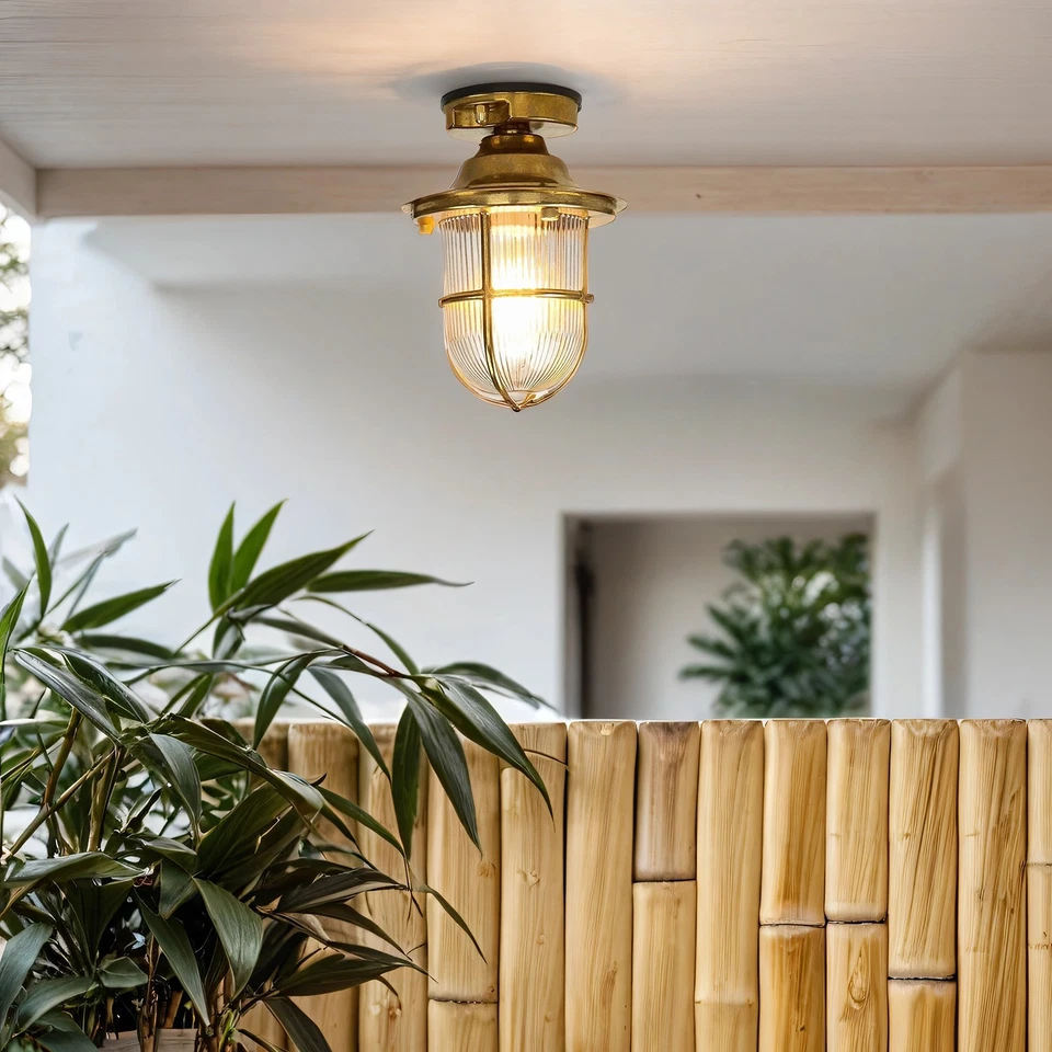 Deckenleuchte SANTORIN Messing Riffelglas Ø16cm IP54 Maritime Außen Lampe Balkon - Bild 2 von 4