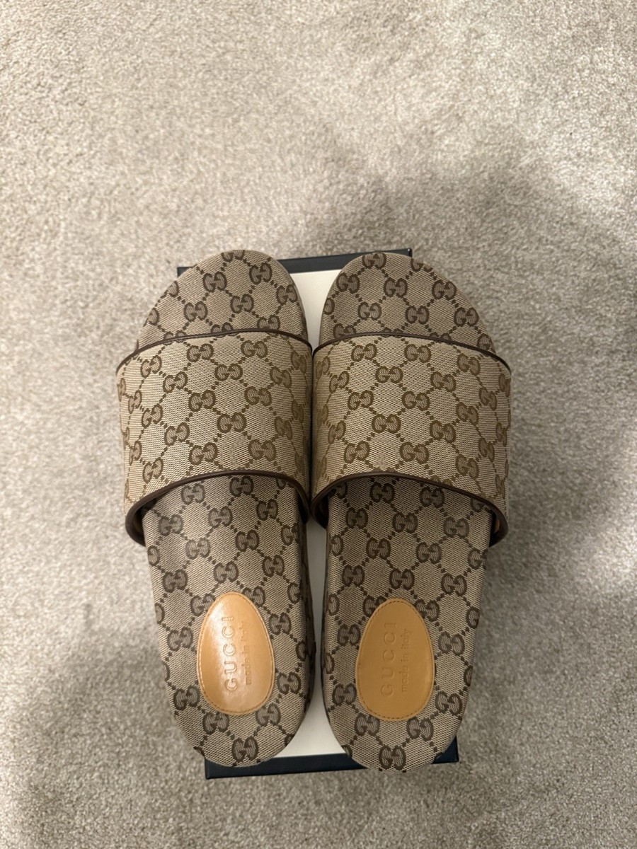 Gucci GG Supreme Men's Slide Sandals Beige Brown Logo Fabric
