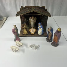 VTG Nativity Set With Wood Manger Mixed  Italy Japan Germany Paper Mache 12 Pcs